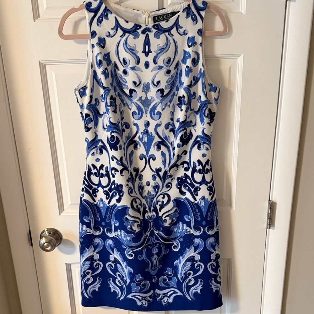 Ralph Lauren White and Blue Damask Sheath Dress Size 8 - Picture 2 of 7